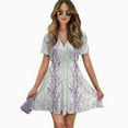 thumbnail image 2 of Purple Grey Leaves Women Dress V-Neck Short Sleeve Flowy Swing Party Midi Dress, 2 of 4