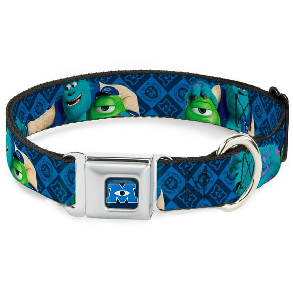 Disney Pet Collar, Dog Collar Metal Seatbelt Buckle, Monsters University Sulley Mike Poses Checkers Blue, 11 to 16.5 Inches 1.0 Inch Wide