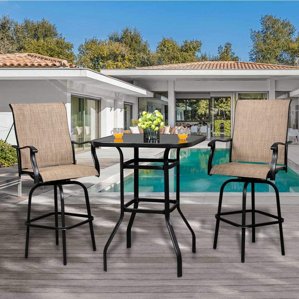 Outdoor Patio Swivel Bar Sets, BTMWAY 3 Piece Bar Height Bistro Set with Glass Top Dining Table and 2 Swivel Bar Stools, All-weather Fabric High Top Conversation Set for Backyard Balcony Front Porch - image 4 of 18