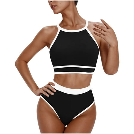 Lopeceal Women s High Waisted Bikini Sets Two Piece Swimsuits for Women Sporty Color Block Cheeky High Cut Bathing Suits