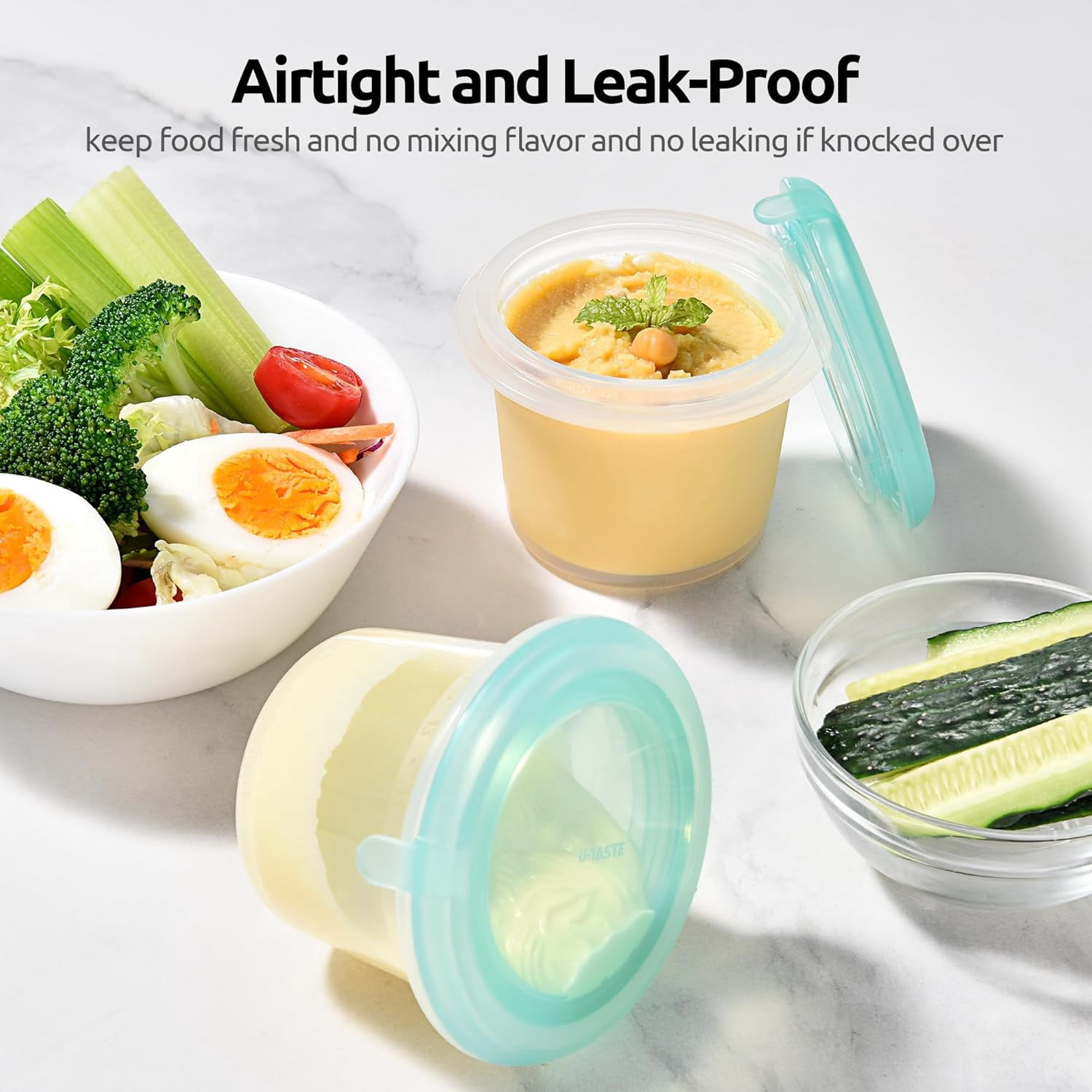 U-Taste 4oz×2 Silicone Food Container Set: Small Kitchen Storage with Airtight Lid, Freezer & Microwave Safe, Snack Box with Date Marking Circle, Clear Stackable for Yogurt, Hummus, Garnish-Aqua Sky