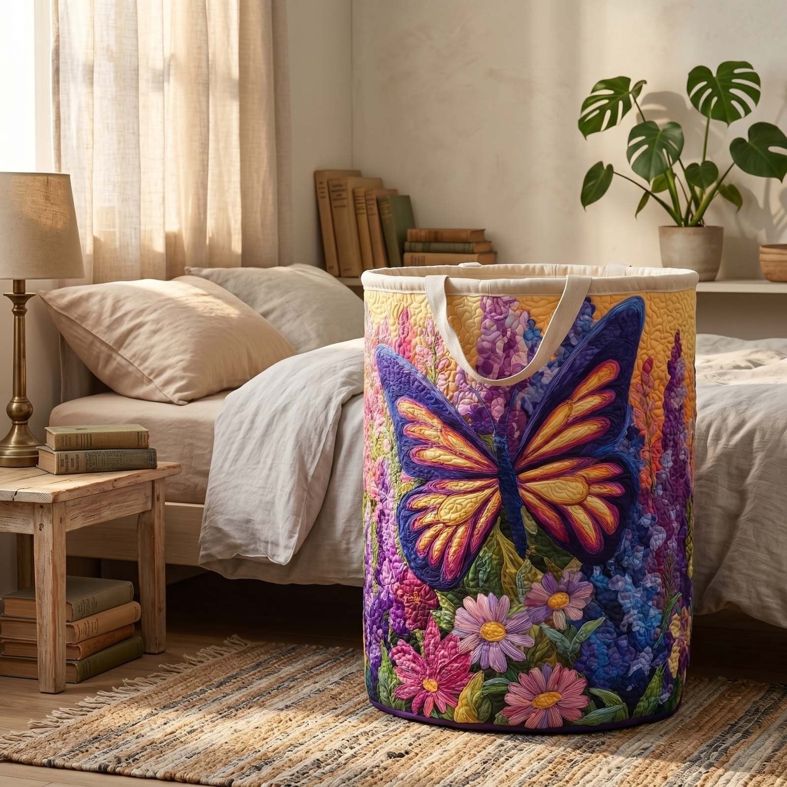 Quilted Laundry Basket with Handles, Boho Fabric Floral Storage Hamper, Collapsible Lightweight Multi-Functional Clothes Basket for Bedroom Nursery Laundry Room, 20"x28"