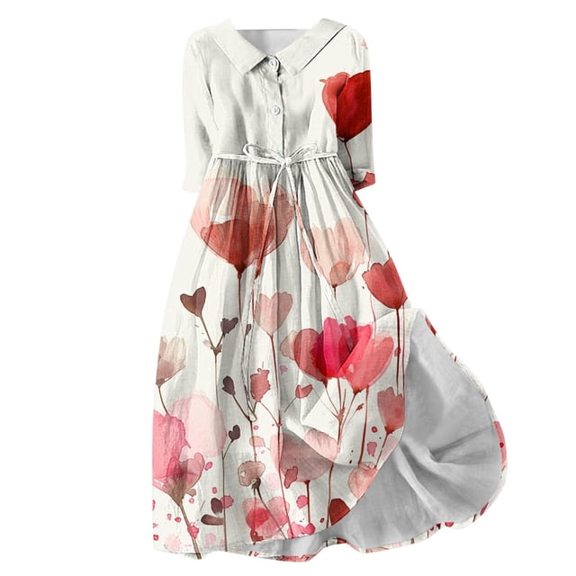 Birdeem Robe à Manches Longues Col Rabattu Robe d'Été Imprimée Mode Trois-Quarts Col Rabattu