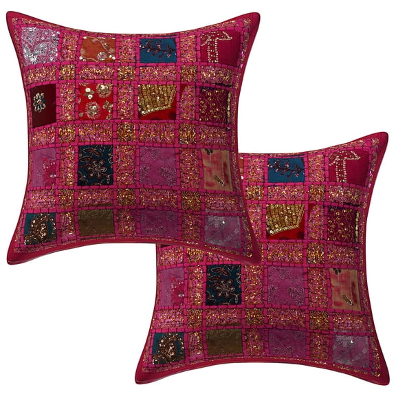 Stylo Culture Ethnic Sofa Throw Pillow Covers 16x16 Patchwork Embroidered Pink Sequins 40cm x 40cm Home Decor Cotton Geometric Square Cushion Covers | Set Of 2