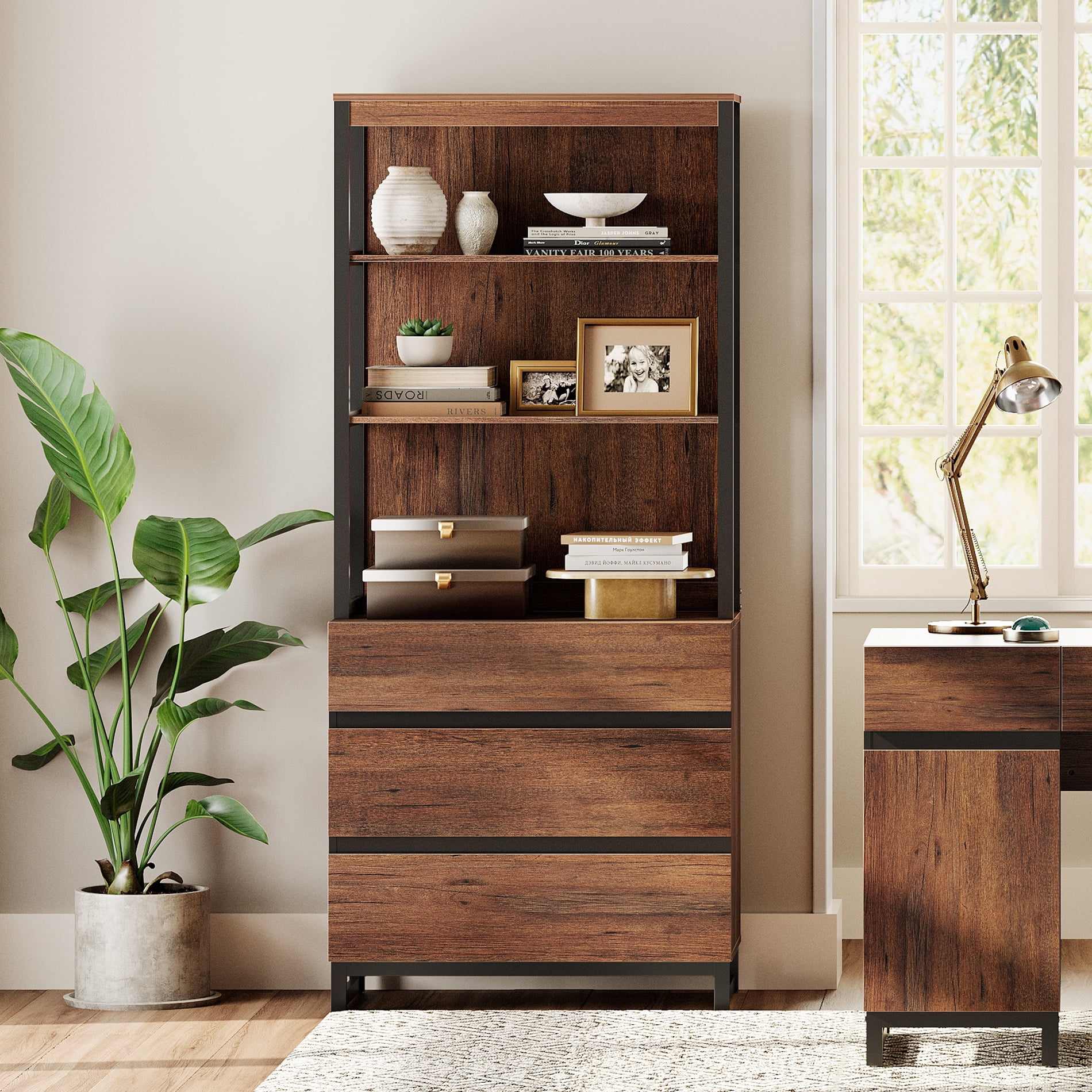 WAMPAT Modern 72" Tall Bookcase with 3 Drawers and Open Book Shelfs, Library Book Shelf with Storage Cabinet, Wood Freestanding Bookshelf for Home Office, Living Room,Brown