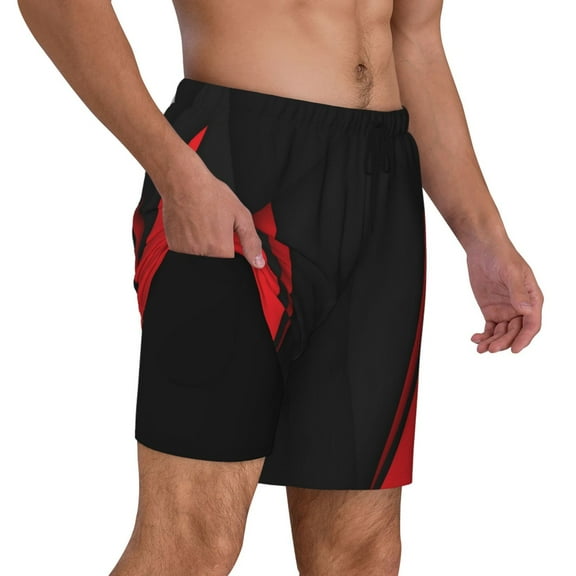 Mens Red Black Abstract Swimming Trunks with Compression Liner Beach Quick Dry Swim Shorts