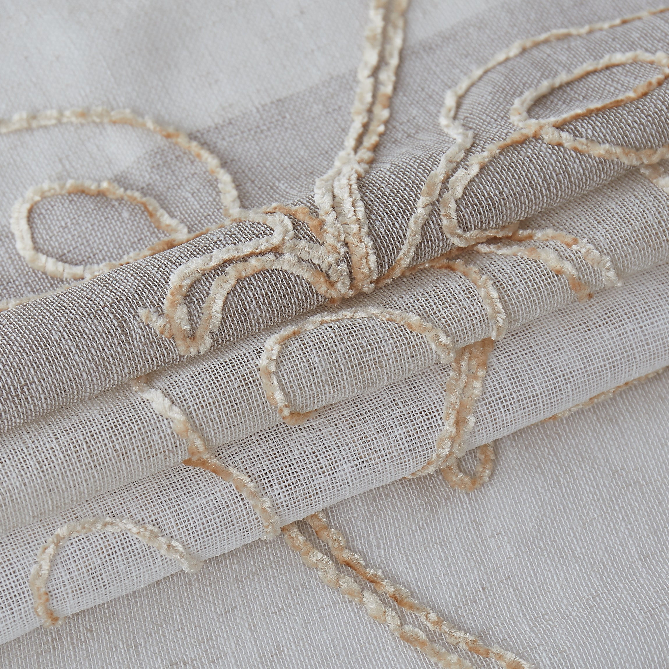 Dainty Home Silvia Linen Look Boho Ombre Gradient Light Filtering Fabric With 3D Floral Chenille Embroidered Textured Kitchen Curtain Set of 3, 1 Valance 52" x 18" and 2 Tiers 26" x 36" Each in Linen