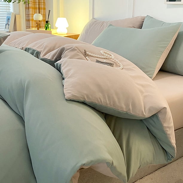 Set de ropa de cama tamaño queen, tela lavada de poliéster | Juego de edredón suave de 4 piezas | Funda de colcha moderna transpirable de doble cara, sábanas, fundas de almohada | Cuidado fácil