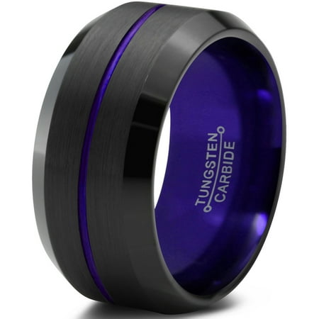 Tungsten Wedding Band Ring 10mm for Men Women Purple Black Beveled Edge Brushed Polished Center Line Lifetime Guarantee