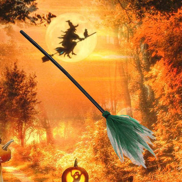 Escoba de , palo de escoba de , paja de plástico para Halloween, accesorios de escoba de , decoración para Halloween, favores Verde perfecl Escoba de bruja de Halloween