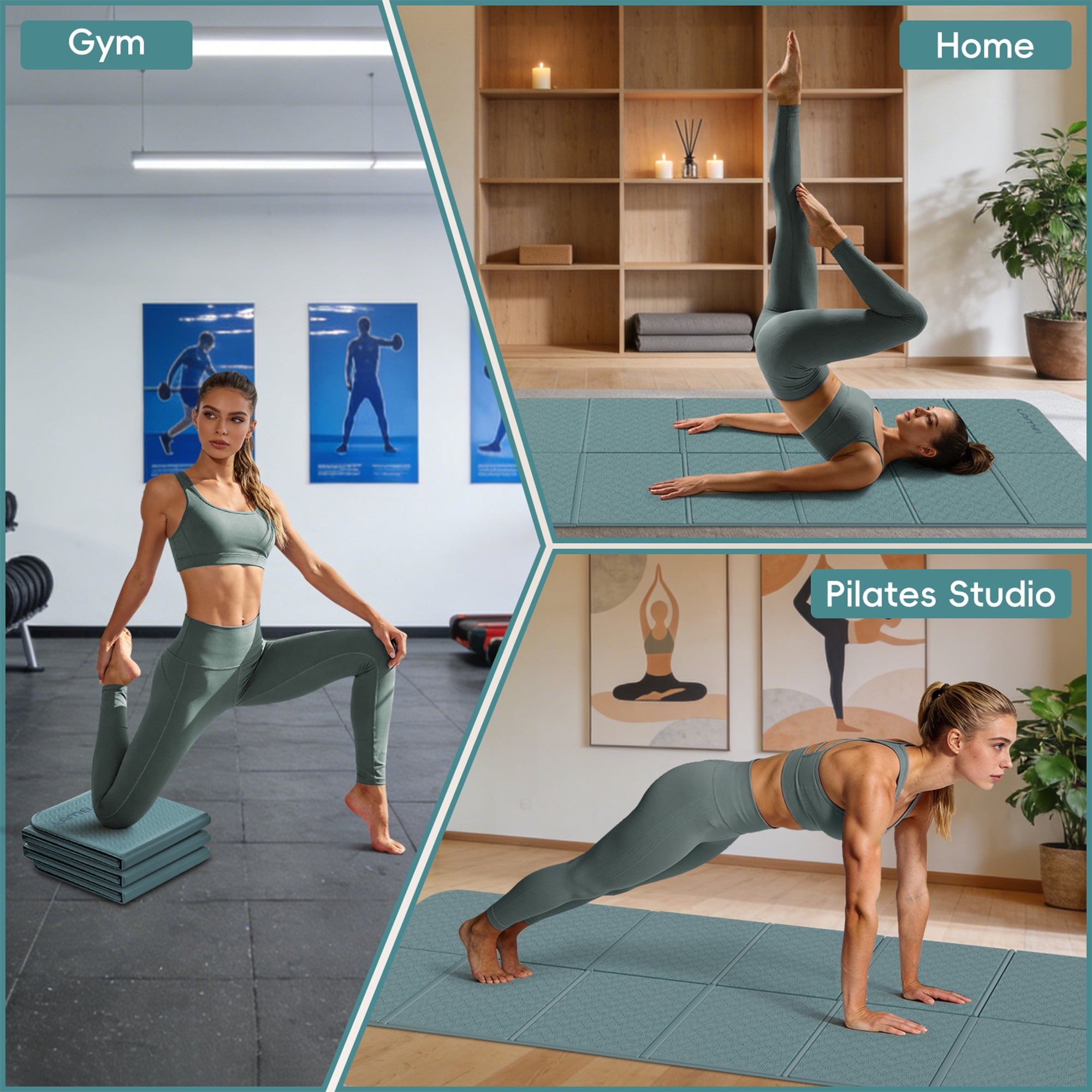 LAMEI Foldable Yoga Mat for Travel, 6mm Thick TPE Pilates Mat Thick, Non Slip Folding Exercise Mats for Home Workout with Bag(Green+Grey)