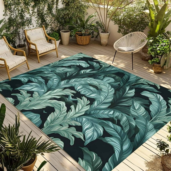 Fsddascl Summer Plant Outdoor Rug for Patio/Deck/Porch, Non-Slip Large Area Rug 5 x 8 Ft, Green Tropical Palm Leaves Nature Retro Indoor Outdoor Rugs Washable Area Rugs, Camping Rug Carpet