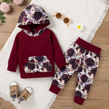

Augper Baby Girl Clothes Long Sleeve Fall Winter Clearance Toddle Baby Girl Floral Printed Long-sleeved Hooded Sweater Pants Children Suit