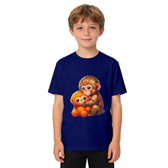 Boys Monkey Graphic Print Short Sleeve Punch T Shirt Casual Crew Neck Tee for Kids Comfortable Youth Basic Top