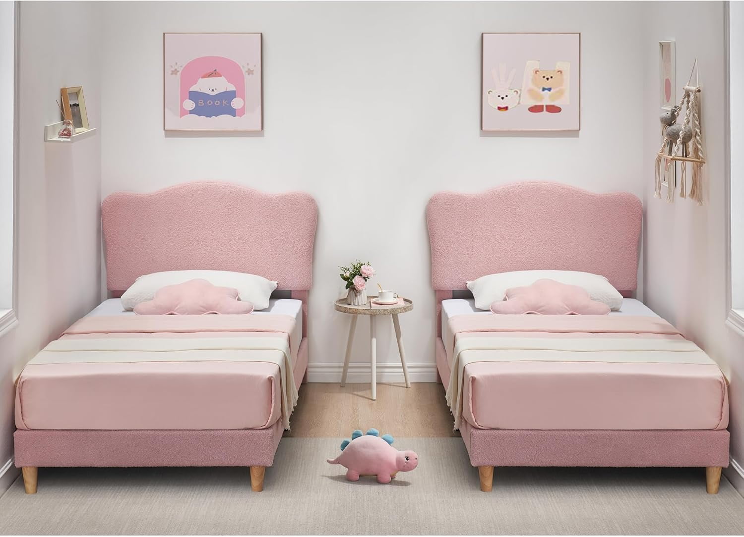 Upholstered Twin Size Bed Frame with Scallop Headboard, Cute Velvet Twin Bed , Sturdy Platform Bed, No Box Spring Needed, Wooden Slats, Noise Free, Pink