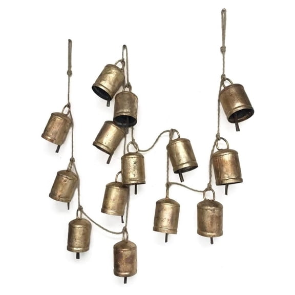Rustic Decorative Bells on Jute Rope 90" Long - Vintage Farmhouse Christmas Decorations - Antique Finish Metal Bells for Mantel, Tree, Holiday Decor