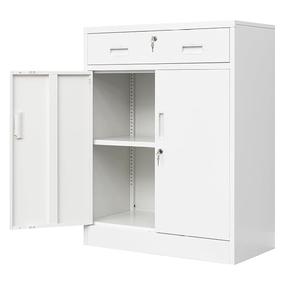 Metal Storage Cabinet, Locking Cabinet with 1 Drawer and Adjustable Shelf, 36" H x 28" W x 16" D Steel Storage Cabinet for Office, Garage, Home-White