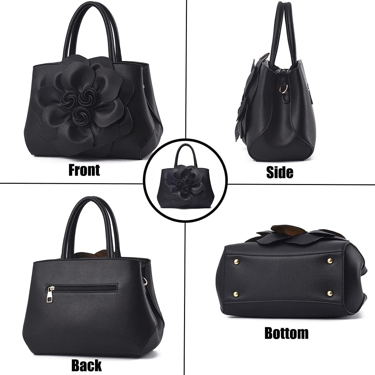 Womens PU Leather Handbags Purses Top-handle Totes Satchel Shoulder Bag for Ladies with Big flower