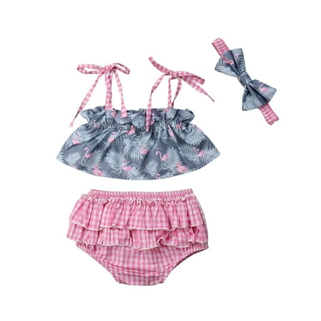 

Newborn Baby Girl Flamingo Strap Tops Ruffle Shorts Sunsuit Summer 3pcs Outfits Set 0-24Month