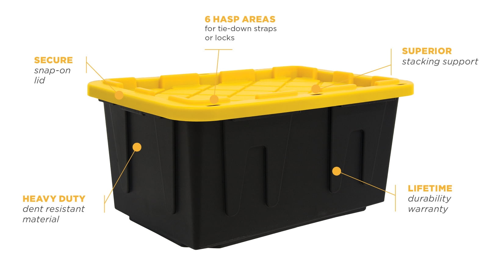 HOMZ Durabilt 27 Gallon Capacity Flip Lid Stackable Heavy Duty Tough  Storage Container Tote, Black Base with Yellow Lid (2 Pack)