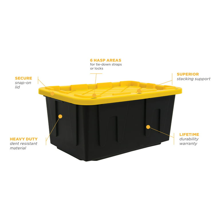 Homz 15-Gallon Durabilt Plastic Stackable Storage Organizer Container  w/Snap Lid and Hasps for Tie-Down Straps or Locks, Black/Yellow (2 Pack)