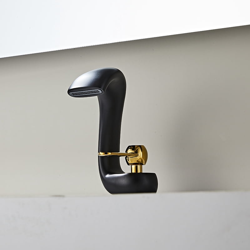 SOKNARKU Bathroom Sink Basin Waterfall Faucet Brass Deck Mount Single Hole Single Handle Cold And Hot Mixed Modern Creative Design Tap Including Two US Standard 3/8 Hoses Black Gold