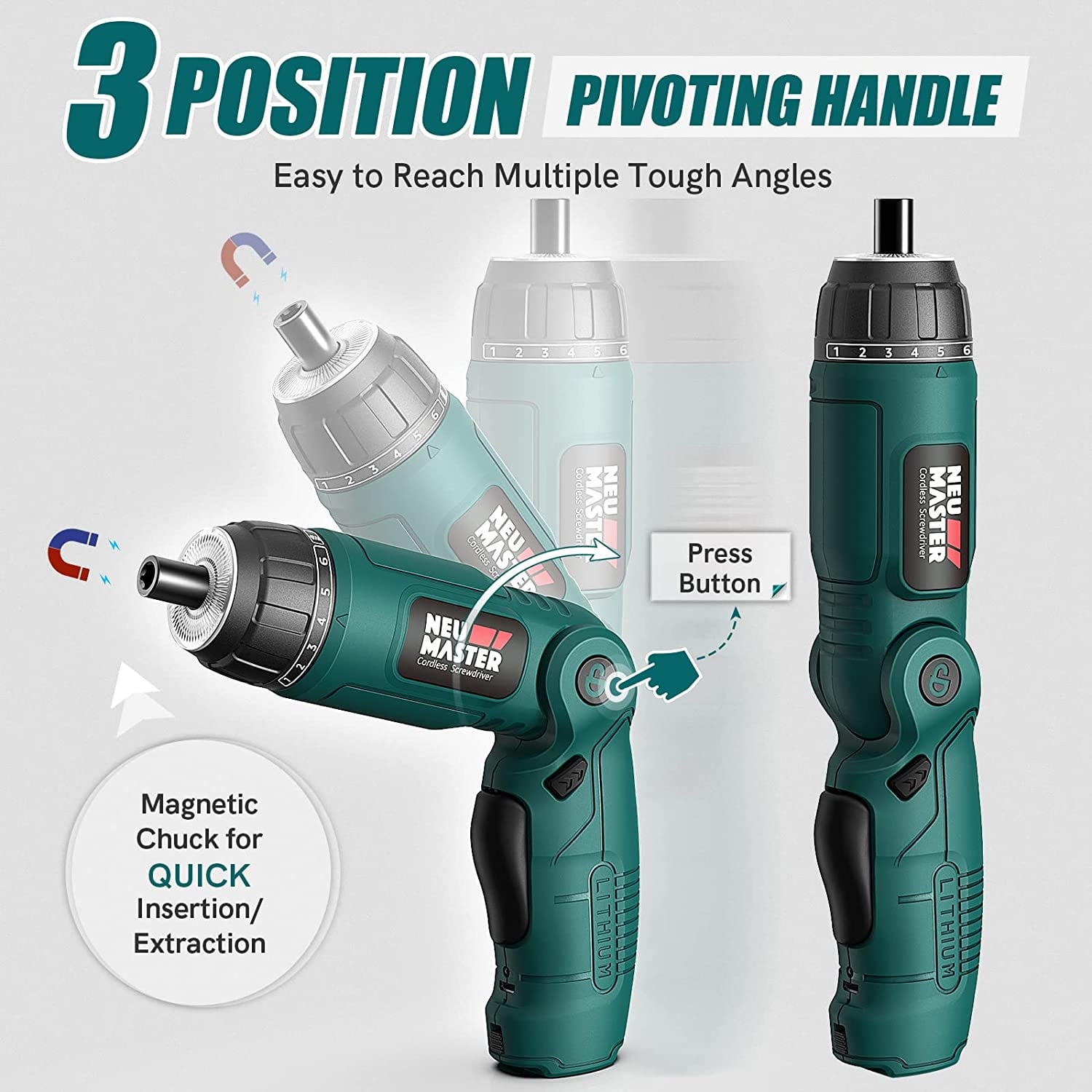 NEU MASTER 4V Cordless Electric Screwdriver, 6+1 Torque, 32pc Bits, Pivoting Handle & Dual LED Lights , Rechargeable 2000mAh Battery for Home DIY & Professional Use