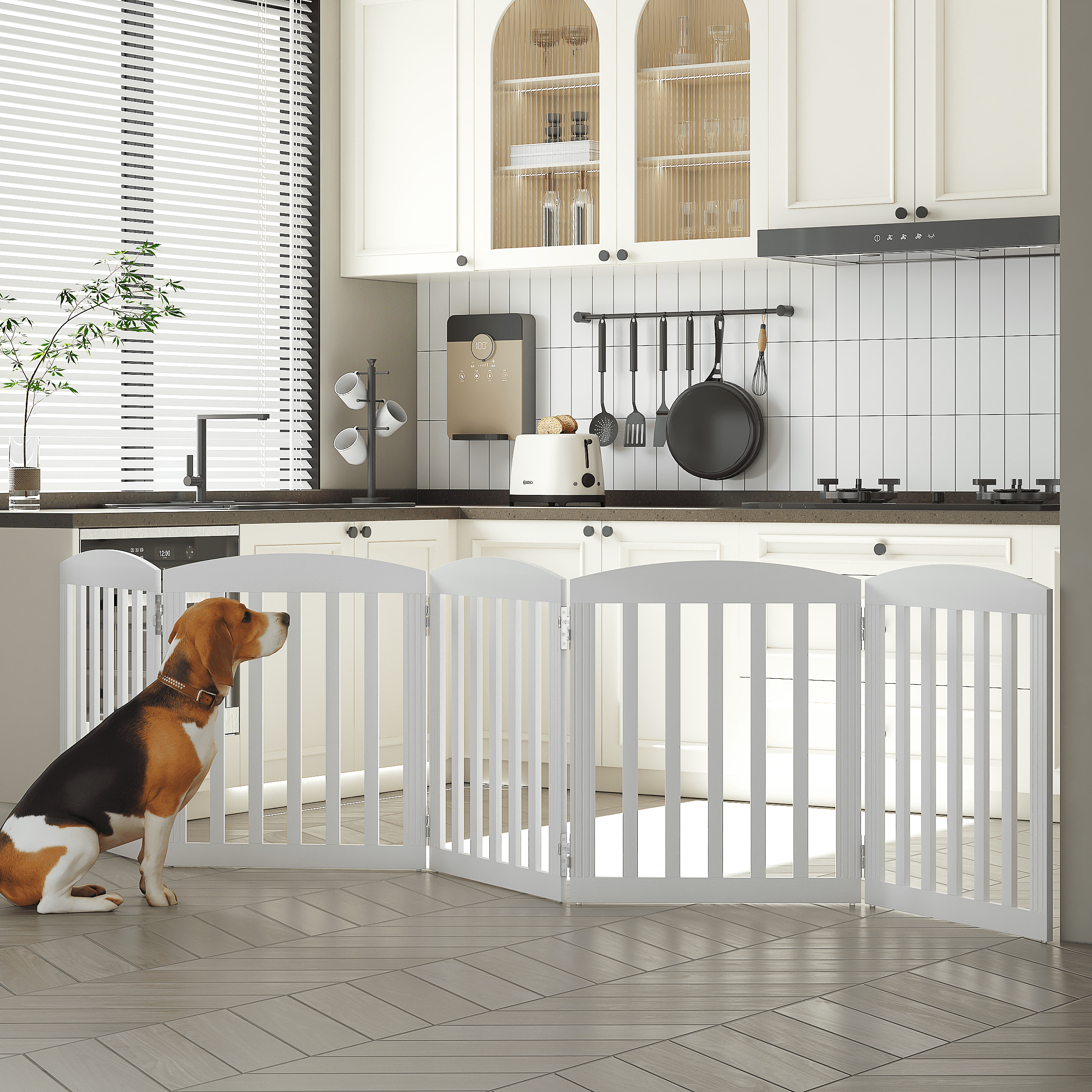 STAROUS 120" Extra Wide 28" Tall Foldable Dog Gates, Wooden Freestanding Pet Gate Indoor, Step Over Puppy Fence, 5 Panels, White