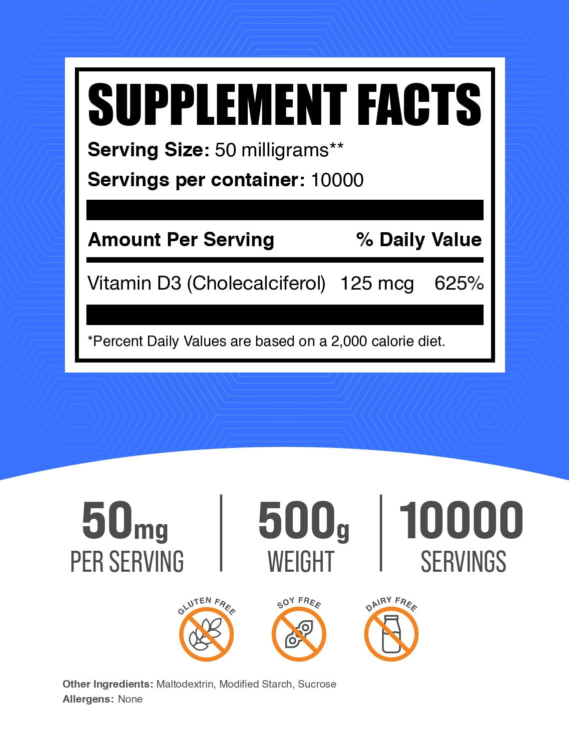 BulkSupplements Vitamin D3 (Cholecalciferol) Powder - 50mg per Serving - 500 Grams (1.1 lbs) - 10000 Servings