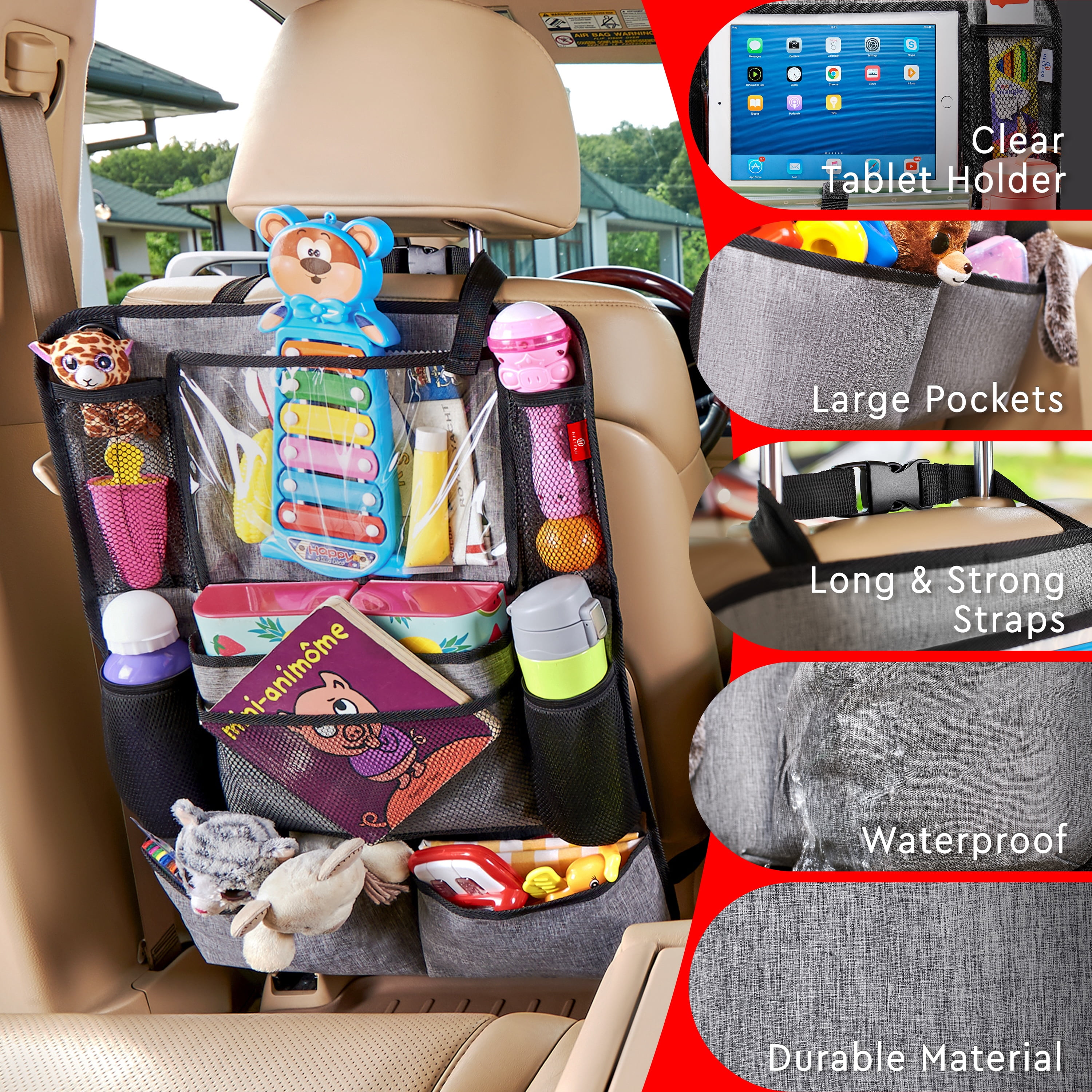 Helteko Backseat Car Organizer with 9 Storage Pockets, Polyester, 25 in x 19 in, 2 pack, Gray