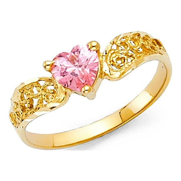 14k Yellow Gold Pink CZ Heart Ring Love Band Curve Promise Ring Fashion Polished Fancy Size 7