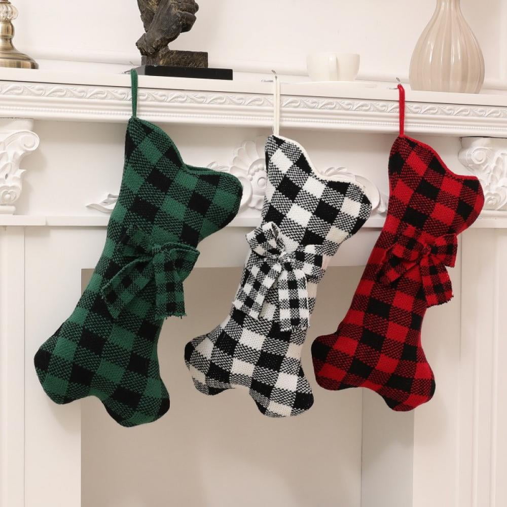 Pet Dog Christmas Stockings 3Pcs, Plaid Large Bone Shape Pets Stockings, Classic Hanging