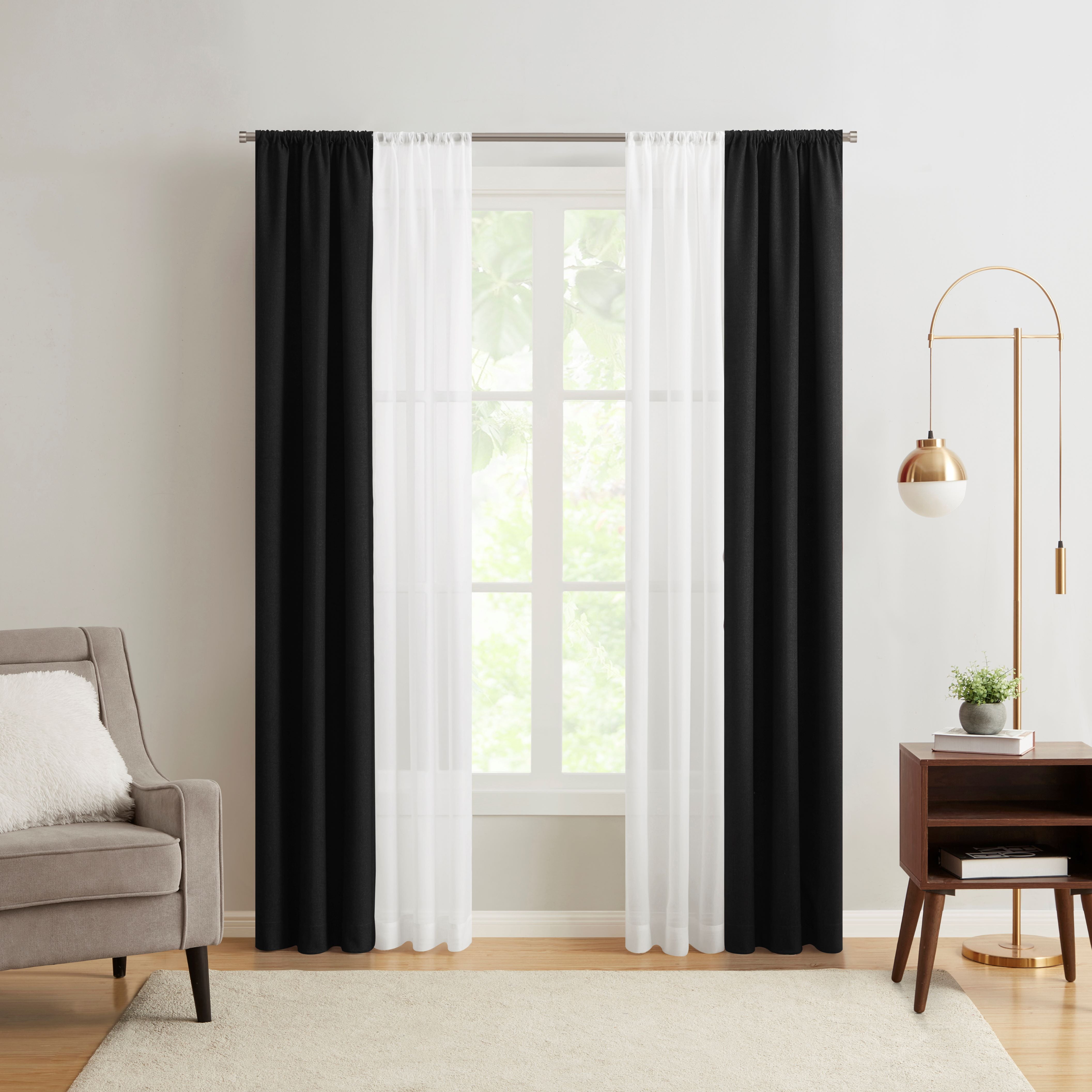 (3 pack) Mainstays Twill Blackout Rod Pocket 4 Piece Curtain Set, Rich Black, 27.5" W x 84" L