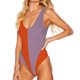 thumbnail image 1 of Traje de baño de 1 pieza para mujer, bloques de color a la moda, traje de baño elástico encantador para mujer, traje de baño naranja S, 1 of 5