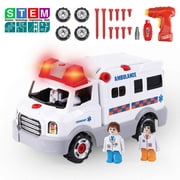 REMOKING STEM Learning Take Apart Toy, Build Your Own Car Toy Ambulance Educational Playset with Tools and Power Drill, DIY Assembly Car Gifts for Kids with Realistic Sounds & Lights (