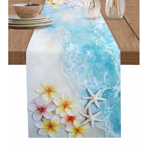 Summer Coastal Table Runner 108 Inches, Ocean Beach Starfish Botanical Flowers Bed Runner Dresser Scarves Tabletop for Indoor Outdoor Parties/Ceremony/Banquet, 13"x 108"