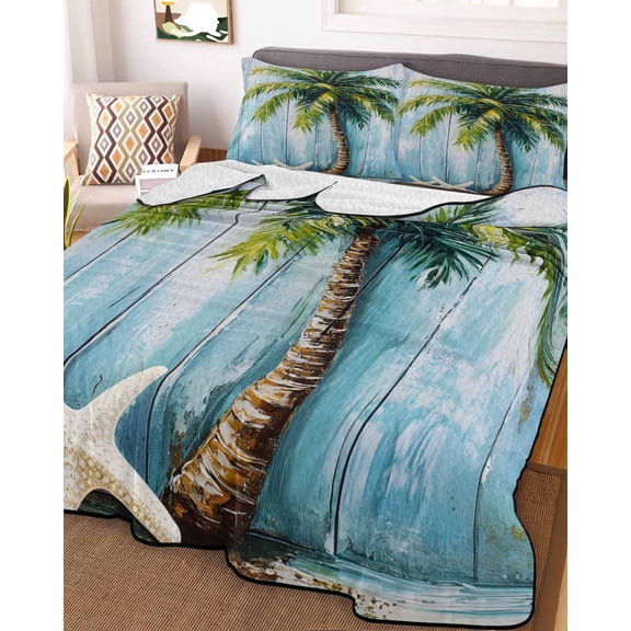 Coastal Beach Tree Twin XL Size Down Alternative Comforter,Lightweight Comforter Quilt Bedding Set with Pillow Shams Ocean Tropical Palm Starfish Blue Green Bed Comforter Duvet Insert 68"x98"