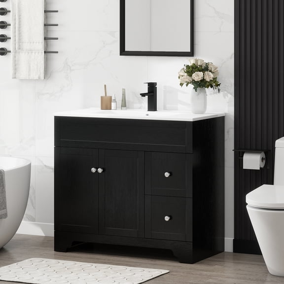 ELECWISH 36" Bathroom Vanity with Sink Combo, Modern Bathroom Storage Vanities Set with 2 Drawers and 1 Soft Closing Door, Ceramic Undermount Sink, Without Faucet, Black