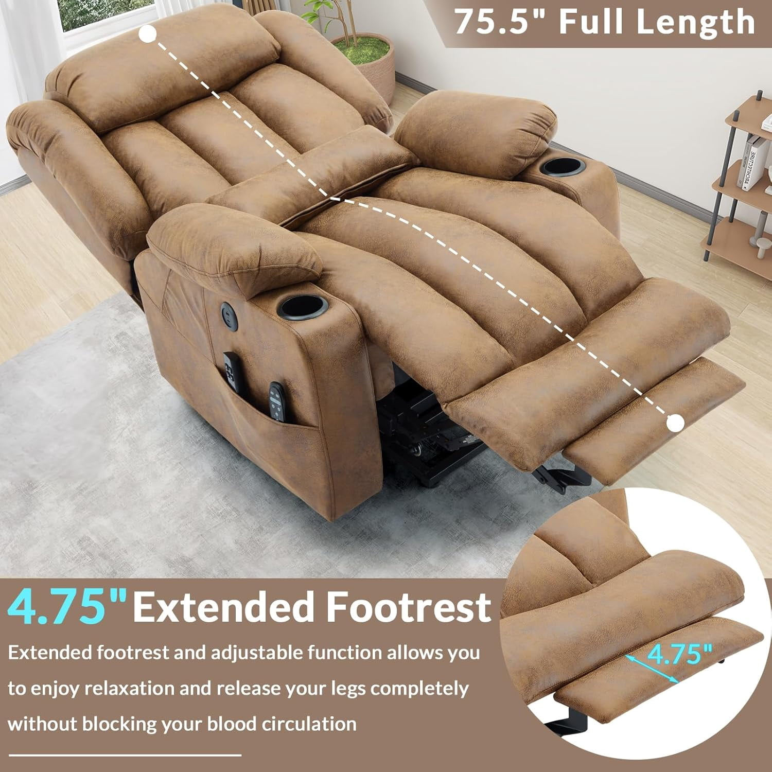 EPICOZY Oversized Dual Motor Power Lift Recliner Chair with Extended Footrest for Big Tall Man, Lay Flat Sleeper Electric Recliner with Massage and Heat, Lumbar Pillow, USB & Type-C Port, Brown