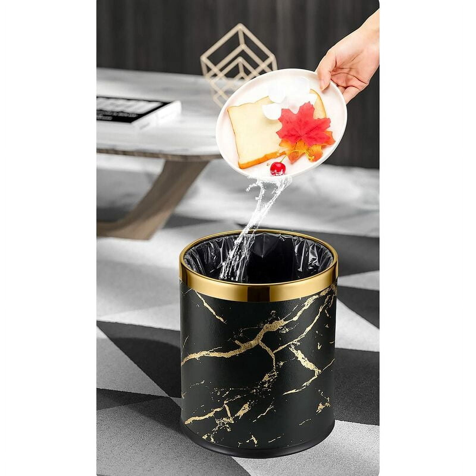 Double layered metal trash can, 10 liter marble textured trash can for bedrooms, bathrooms, living rooms, kitchens, offices, hotels (gold black marble)