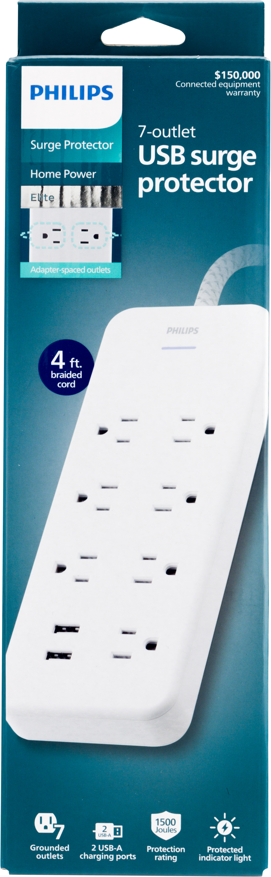 Philips 7-Outlet Surge Protector, 2USBA, 4ft Braided Cord, White, - image 2 of 11