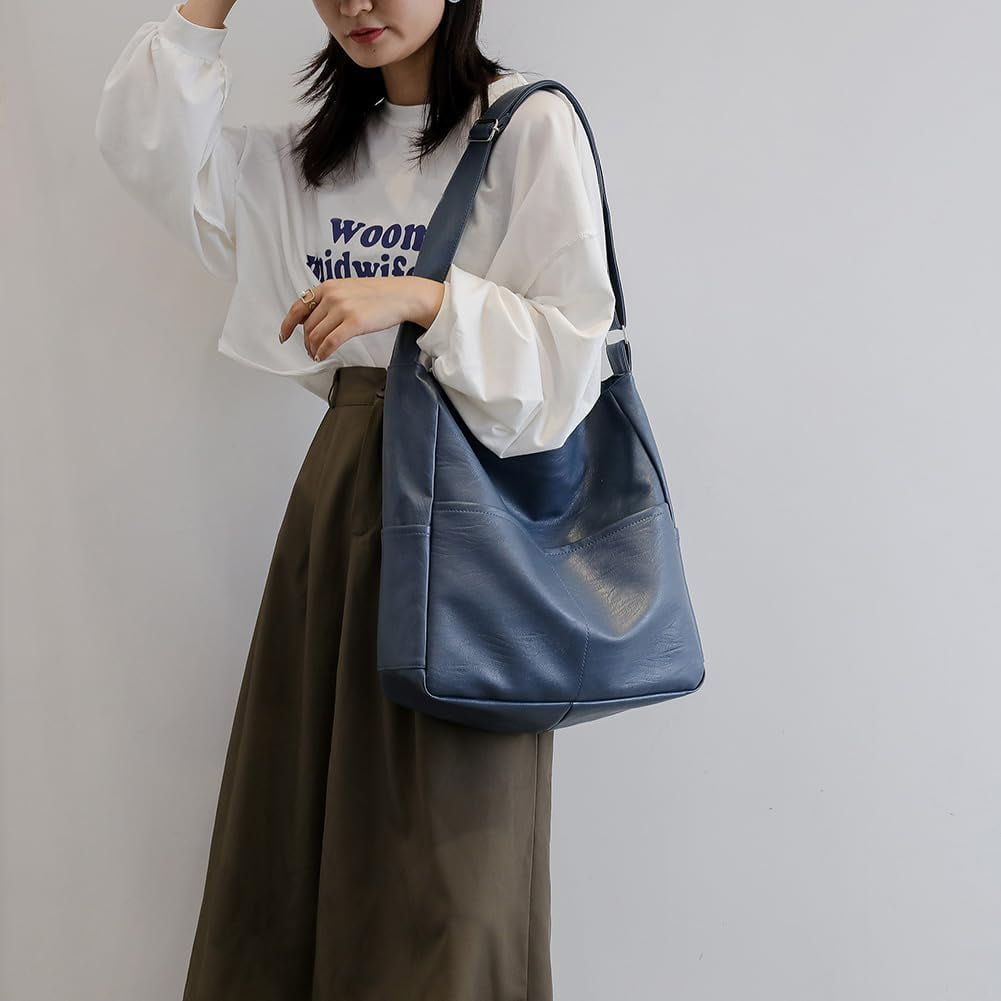 Kukuzhu Faux Leather Tote Bag with Pockets Women Shoulder Bag College Tote Bag Hobo Crossbody Bag for Work Travel