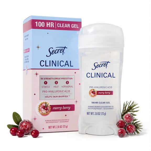 Secret 100HR Holiday Clinical Antiperspirant Deodorant for Women, Pro-Hyaluronic Acid, Clear Gel, Merry Berry, 2.6 oz