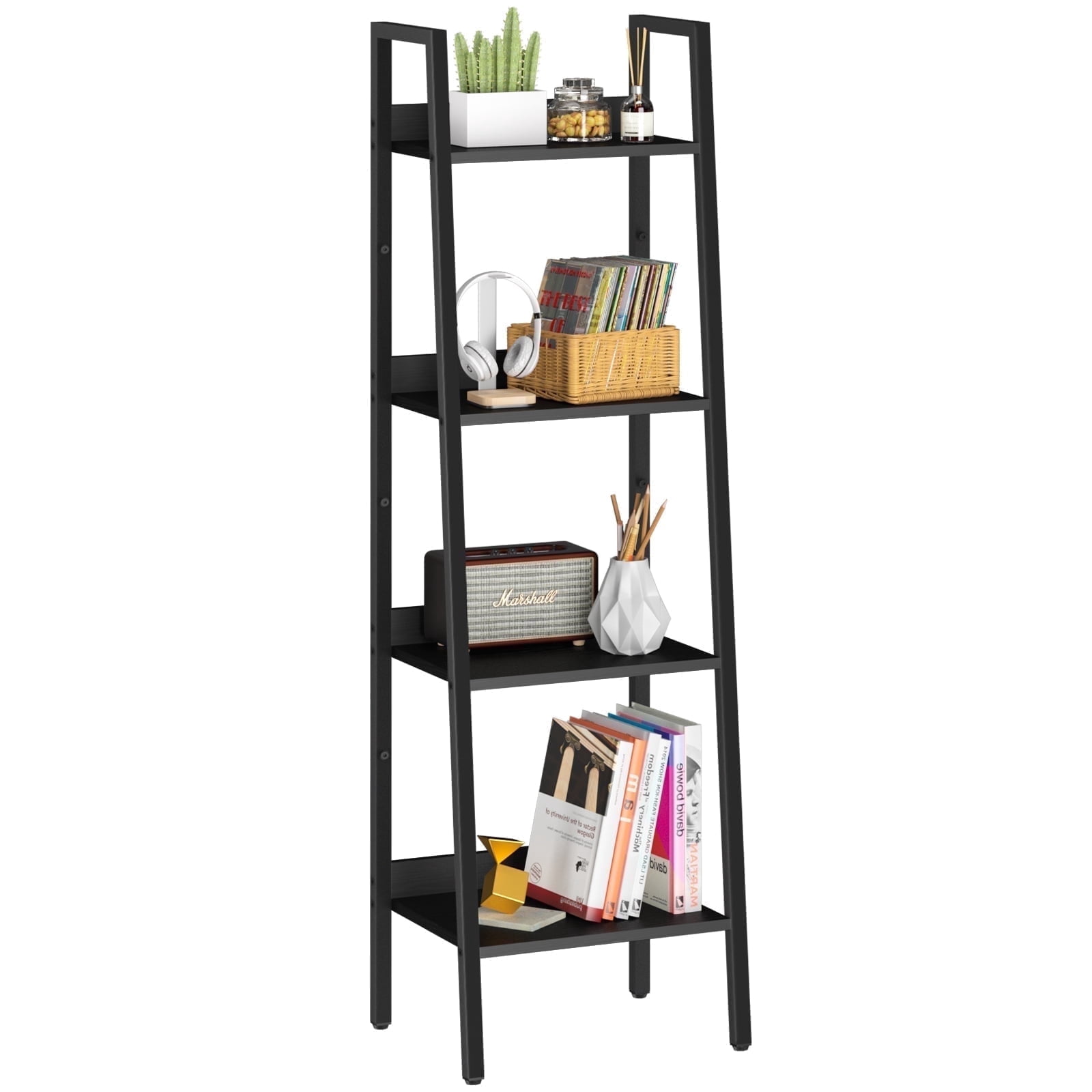 4-Tier Ladder Shelf,  Corner Bookshelf for Living Room, Balcony, Home Office, Bookcase Storage & Display Shelf, Black