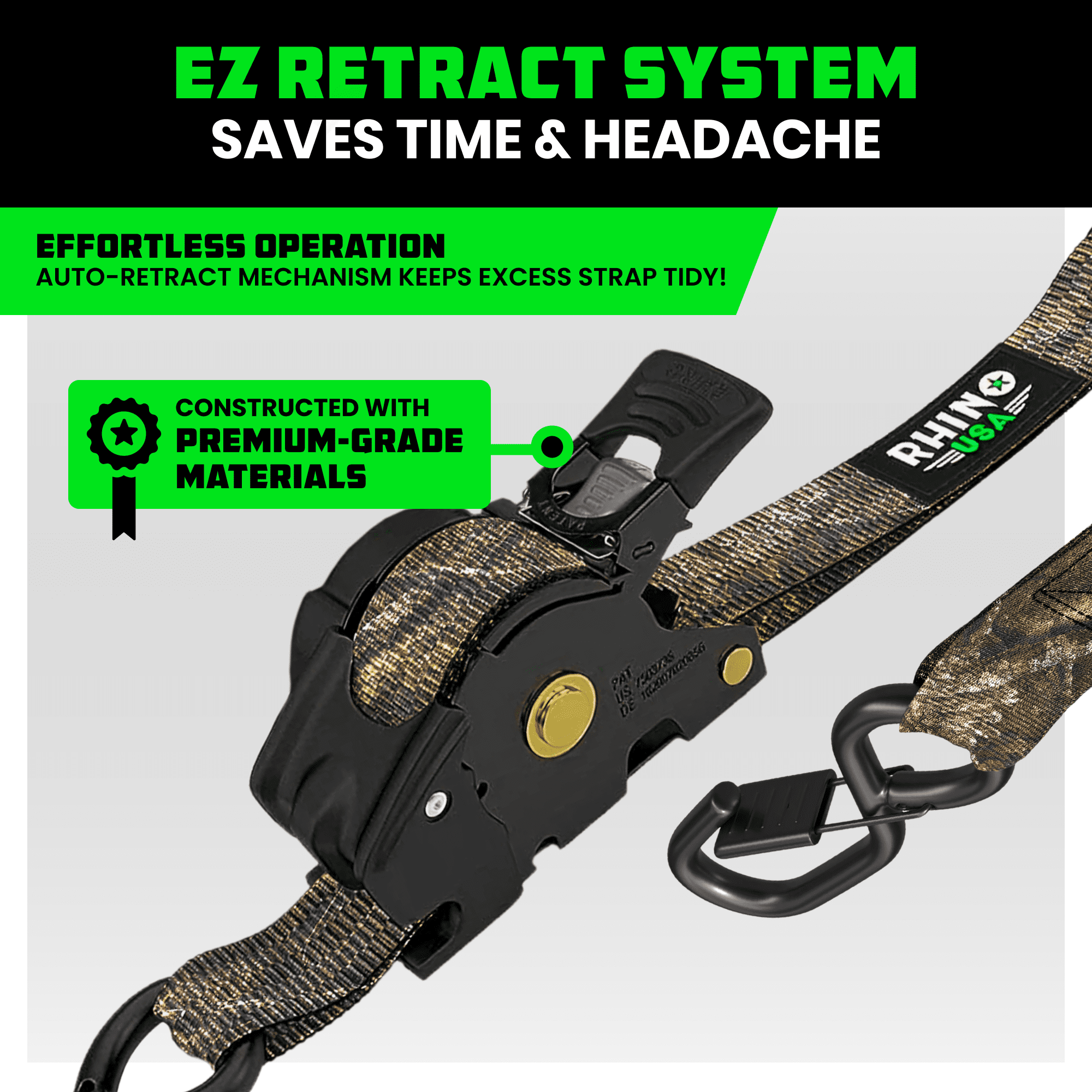 Rhino USA x Realtree Retractable Ratchet Straps (4PK) 1"x 9' (1,209lb Break Strength)- Heavy Duty Auto Self Retracting Tie Down Straps - Realtree APX Cam