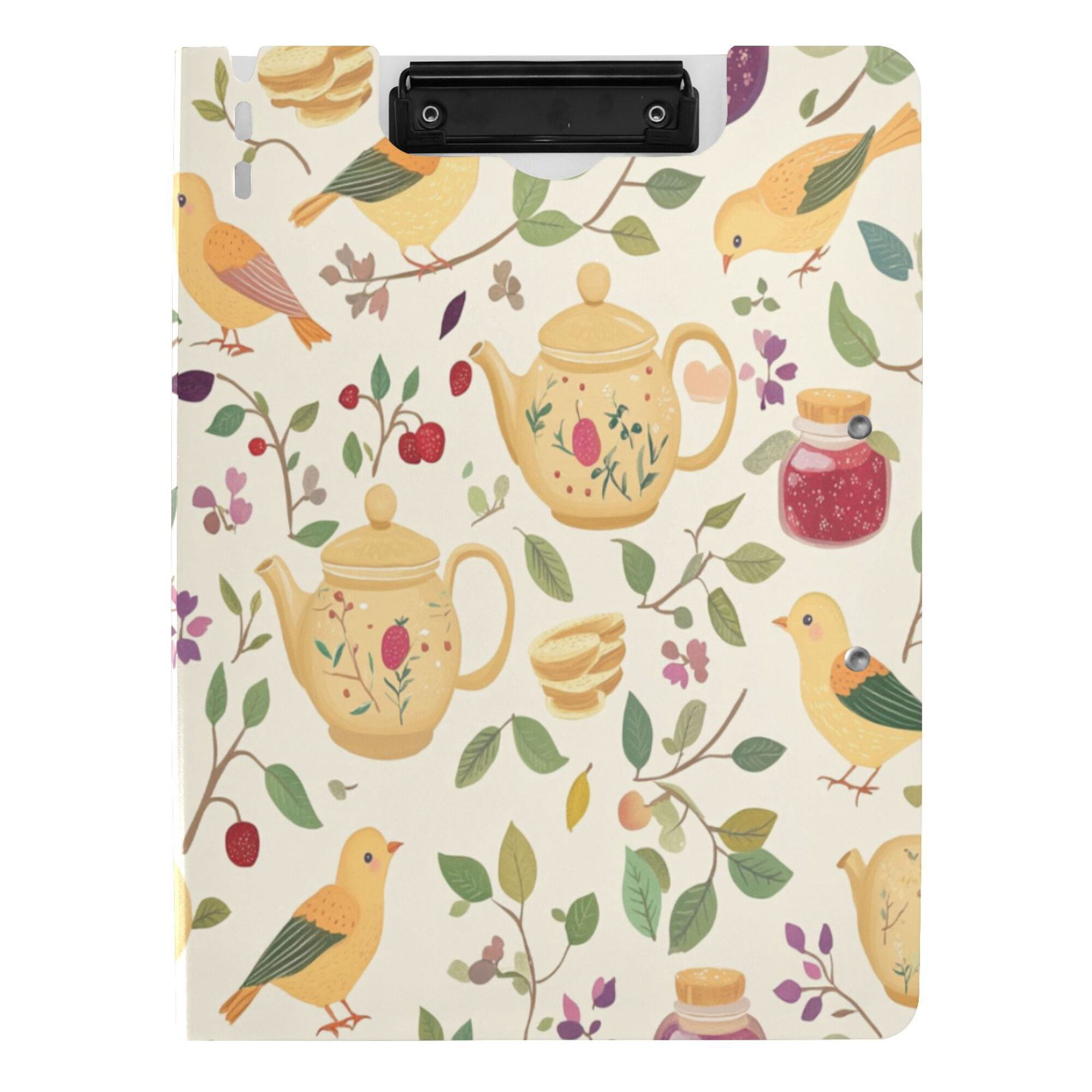 FORMRS A4 Clipboard Folder with Pen Holder Horizontal Foldable School Office Binder, Birds Tea Time