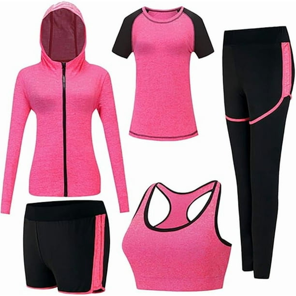 Conjuntos de chándal para mujer, conjunto deportivo suave y cómodo de secado rápido para correr, trotar, gimnasio, entrenamiento, conjunto de 5 piezas: sujetador deportivo, camiseta, abrigo y 2 p