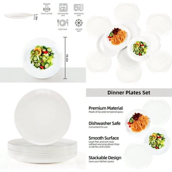 Dinner Plates Set of 12 10-1/2 inch Glass Salad Plate Set Scratch Resistant Kitchen White Plates for Serving Dishes Microwave and Dishwasher Safe
