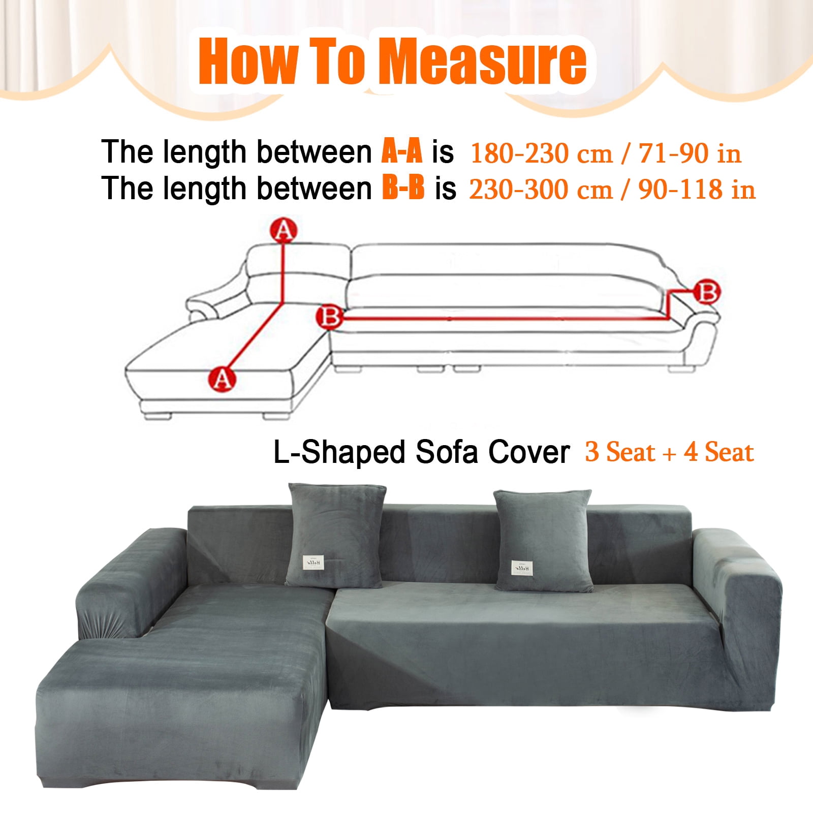 CJC Sectional Couch Covers, Velvet Stretch L Shape Sofa Covers, 2pcs Sofa Slipcovers for 3 + 4 Seaters Sectional Chaise Slipcover for Pets Kids, Grey