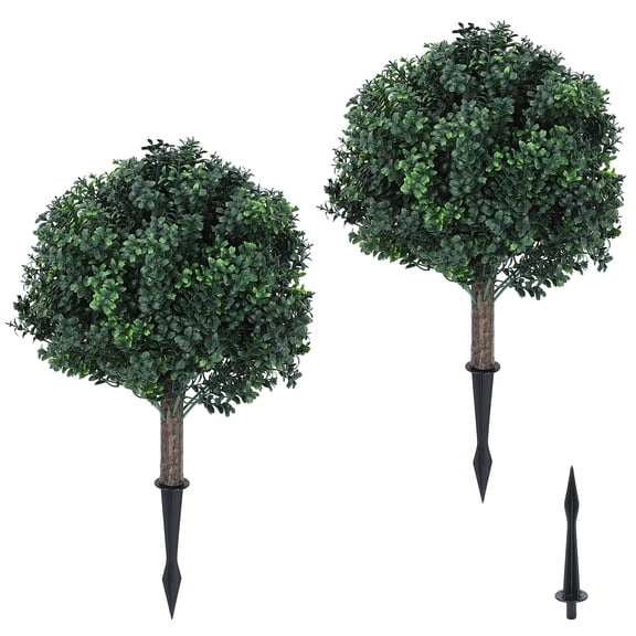 2-Pack Artificial Boxwood Topiary Trees with Ground Spikes Faux Buxus Ball Plants for Outdoor/Indoor Decor (16.1in Tall)